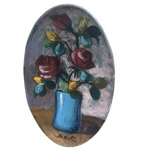 Beautiful Bouquet of Rose Greenery Blue Vase Hand Painted Ceramic Oval Picture M